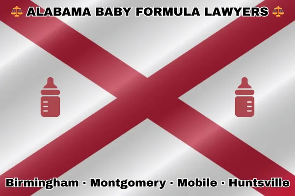 ALABAMA BABY FORMULA LAWYERS: Birmingham, Montgomery, Mobile, and Huntsville text on AL state flag with Similac/Enfamil bottles near St. Andrew's cross on a white background.