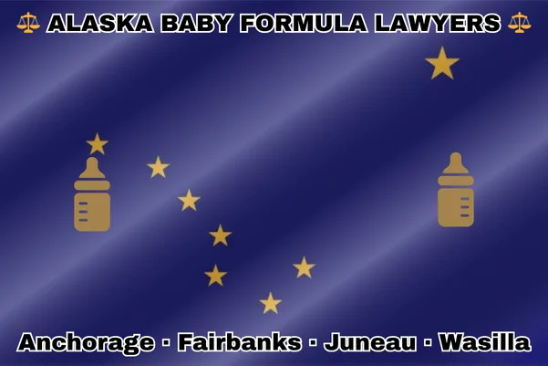 ALASKA BABY FORMULA LAWYERS: Anchorage, Fairbanks, Juneau, and Wasilla text on AK state flag with Similac/Enfamil bottles near the Big Dipper and North Star on a blue background