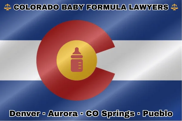 COLORADO BABY FORMULA LAWYERS: Denver, Aurora, Colorado Springs, and Pueblo text on CO state flag with Similac/Enfamil bottle on a golden circle inside an old red "C" near blue and white stripes.