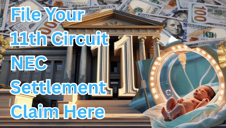File Your 11th Circuit NEC Settlement Claim Here text on depiction of Eleventh Circuit court with NICU preemie and high value cash backdrop.