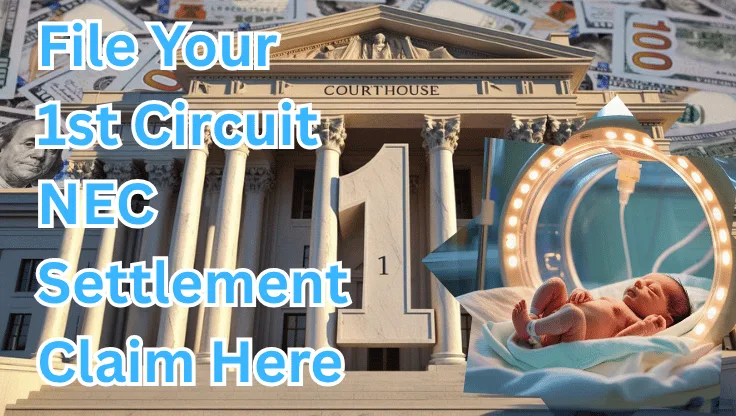 File Your 1st Circuit NEC Settlement Claim Here text on depiction of First Circuit court with NICU preemie and high value cash backdrop.