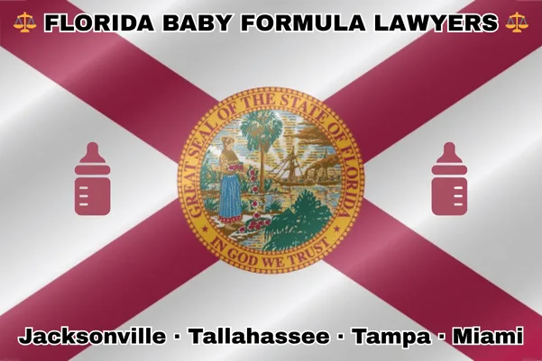 FLORIDA BABY FORMULA LAWYERS: Jacksonville, Tallahassee, Tampa, and Miami text on FL state flag with Similac/Enfamil bottles near a red cross and SEAL of a Seminole woman scattering flowers by a shoreline with a boat, palm trees, and sunlight.