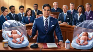 Lawyer depicted taking preemie baby formula lawsuit to trial in a courtroom with infant in incubators.