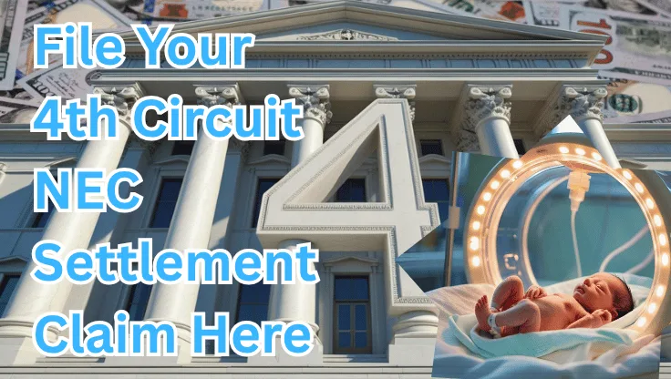 File Your 4th Circuit NEC Settlement Claim Here text on depiction of Fourth Circuit court with NICU preemie and high value cash backdrop.