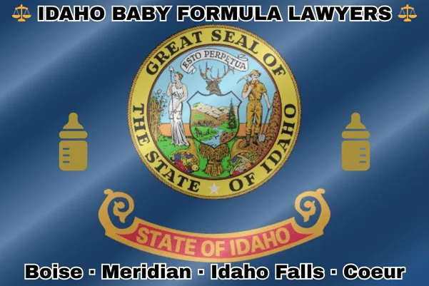 IDAHO BABY FORMULA LAWYERS: Boise, Meridian, Idaho Falls, and Coeur d’Alene text on ID state flag with Similac/Enfamil bottles near SEAL of a miner and a woman representing justice, mountains, forests, and a river.