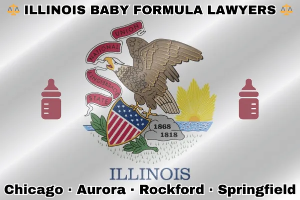 ILLINOIS BABY FORMULA LAWYERS: Chicago, Aurora, Rockford, and Springfield text on IL state flag with Similac/Enfamil bottles near a bald eagle perched on a rock and holding a shield, as the sun shines bright.