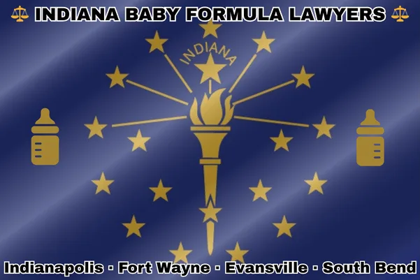 INDIANA BABY FORMULA LAWYERS: Indianapolis, Fort Wayne, Evansville, and South Bend text on IN state flag with Similac/Enfamil bottles near a gold torch and stars.