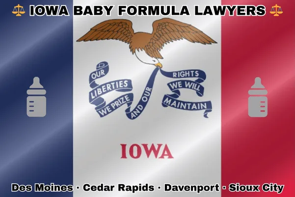 IOWA BABY FORMULA LAWYERS: Des Moines, Cedar Rapids, Davenport, and Sioux City text on IA state flag with Similac/Enfamil bottles near a soaring eagle and blue, white, and red backdrop.