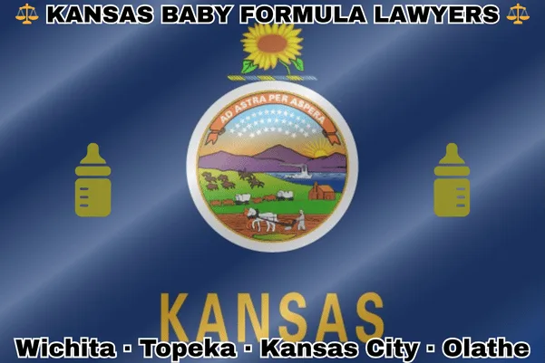 KANSAS BABY FORMULA LAWYERS: Wichita, Topeka, Kansas City, and Olathe text on KS state flag with Similac/Enfamil bottles near landscape of a rising sun, river, boat, settler’s cabin, and bison hunt, all beneath a sunflower on blue background.