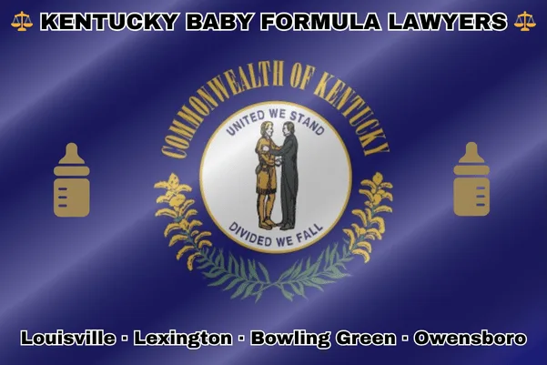 KENTUCKY BABY FORMULA LAWYERS: Louisville, Lexington, Bowling Green, and Owensboro text on KY state flag with Similac/Enfamil bottles near man in buckskin shaking hands with man in a suit and goldenrod branches below.