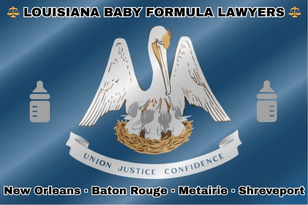 LOUISIANA BABY FORMULA LAWYERS: New Orleans, Baton Rouge, Metairie, and Shreveport text on LA state flag with Similac/Enfamil bottles near a pelican feeding newborn chicks in a nest on a blue background.