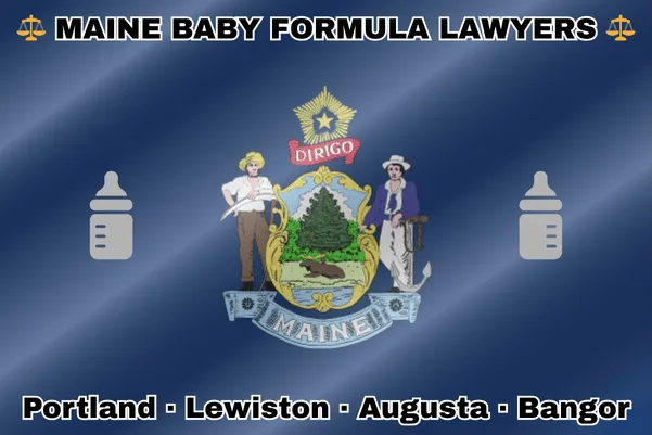 MAINE BABY FORMULA LAWYERS: Portland, Lewiston, Augusta, and Bangor text on ME state flag with Similac/Enfamil bottles near a farmer and sailor bearing a shield, pine tree, moose, and “DIRIGO” motto.