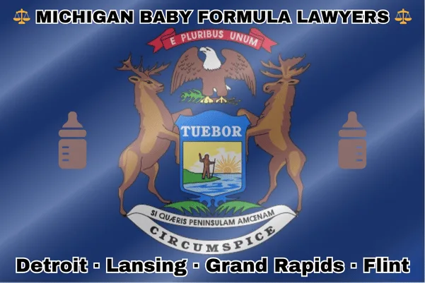 MICHIGAN BABY FORMULA LAWYERS: Detroit, Lansing, Grand Rapids, and Flint text on MI state flag with Similac/Enfamil bottles near an elk, moose and bald eagle flanking a shield featuring a man standing on a sunny lake with a raised hand and rifle.