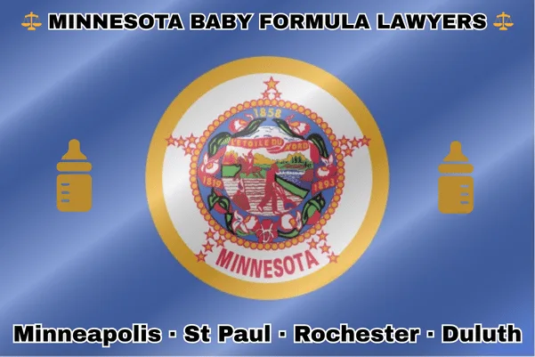 MINNESOTA BABY FORMULA LAWYERS: Minneapolis, St Paul, Rochester, and Duluth text on MN state flag with Similac/Enfamil bottles near a wreath of lady’s slippers around a Native American riding a horse and a pioneer plowing a field.