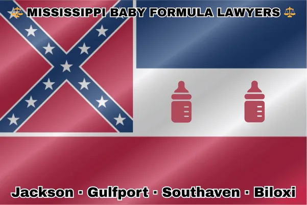 MISSISSIPPI BABY FORMULA LAWYERS: Jackson, Gulfport, Southaven, and Biloxi text on MS state flag with Similac/Enfamil bottles near three horizontal stripes of blue, white, and red, and a red canton in the upper left corner featuring a blue saltire with thirteen white stars.