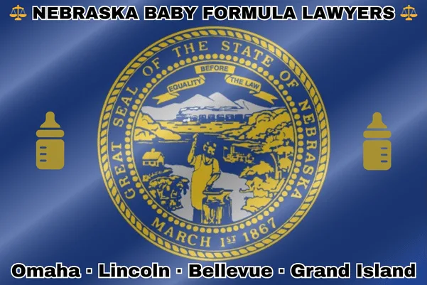 NEBRASKA BABY FORMULA LAWYERS: Omaha, Lincoln, Bellevue, and Grand Island text on NE state flag with Similac/Enfamil bottles near a ring of stars featuring two grizzly bears, a shield, and crescent moon, all on a red, white and blue background.