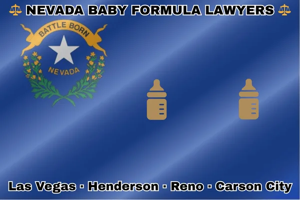 NEVADA BABY FORMULA LAWYERS: Las Vegas, Henderson, Reno, and Carson City text on NV state flag with Similac/Enfamil bottles near a silver star and green sagebrush branches, all on a cobalt blue background.
