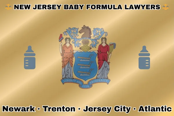 NEW JERSEY BABY FORMULA LAWYERS: Newark, Trenton, Jersey City, and Atlantic City text on NJ state flag with Similac/Enfamil bottles near a shield with three plows, the goddesses Liberty and Ceres, and a horse head.