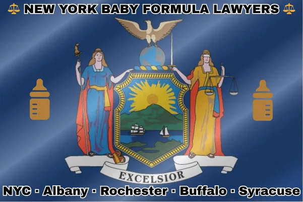 NEW YORK BABY FORMULA LAWYERS: NYC, Albany, Rochester, Buffalo, and Syracuse text on NY state flag with Similac/Enfamil bottles near Liberty and Justice holding a sword and scales, an eagle atop a globe, and a shield featuring the sun shining over the mountains onto Hudson River boaters.