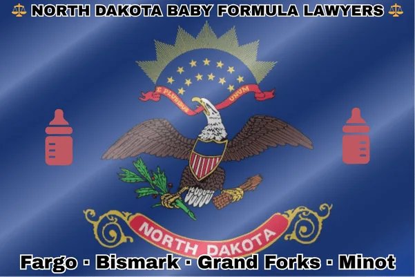 NORTH DAKOTA BABY FORMULA LAWYERS: Fargo, Bismark, Grand Forks, and Minot text on ND state flag with Similac/Enfamil bottles near a bald eagle holding an olive branch and arrows in its talons and shield on its chest.