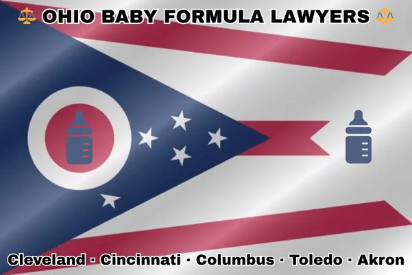 OHIO BABY FORMULA LAWYERS: Cleveland, Cincinnati, Columbus, Toledo, and Akron text on OH state flag with Similac/Enfamil bottles near a triangular swallowtail with red, white, and blue stripes and stars.