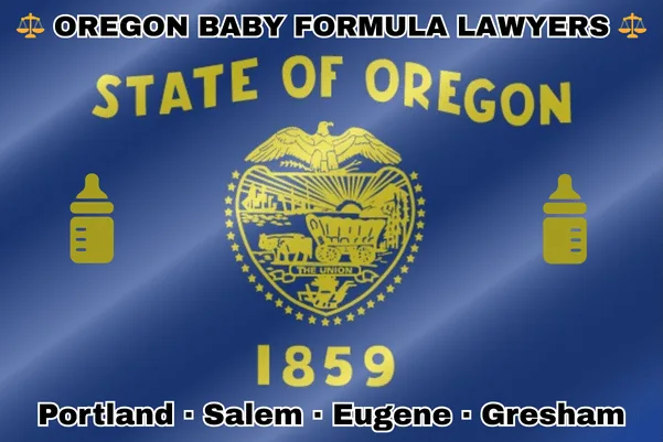 OREGON BABY FORMULA LAWYERS: Portland, Salem, Eugene, and Gresham text on OR state flag with Similac/Enfamil bottles near a covered wagon, eagle, mountains, trees, plow, ship, and sun, all in yellow on a blue background.