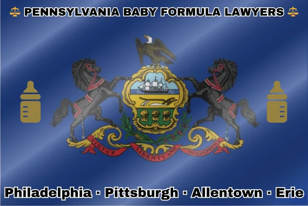 PENNSYLVANIA BABY FORMULA LAWYERS: Philadelphia, Pittsburgh, Allentown, and Erie text on PA state flag with Similac/Enfamil bottles near horses and an eagle flanking a shield featuring a ship, plow, and sheaves of wheat.