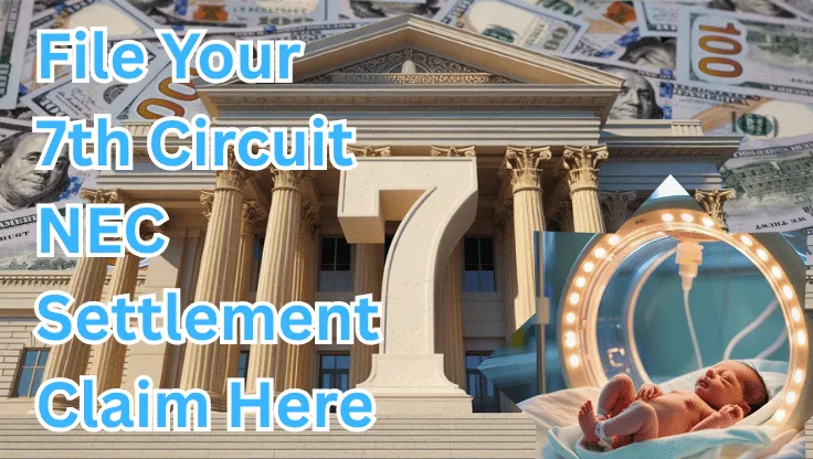 File Your 7th Circuit NEC Settlement Claim Here text on depiction of Seventh Circuit court with NICU preemie and high value cash backdrop.