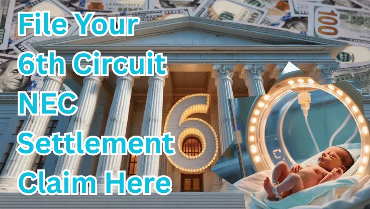 File Your 6th Circuit NEC Settlement Claim Here text on depiction of Sixth Circuit court with NICU preemie and high value cash backdrop.