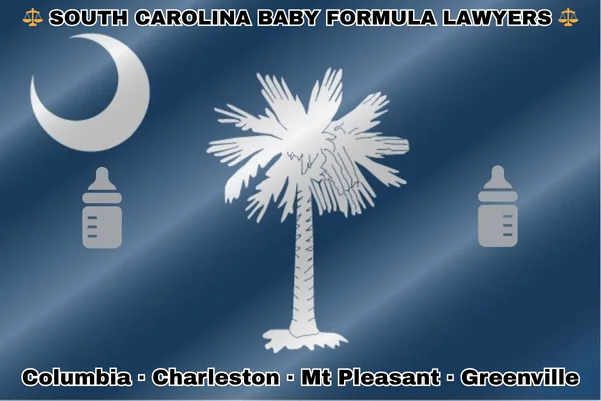 SOUTH CAROLINA BABY FORMULA LAWYERS: Columbia, Charleston, Mount Pleasant, and Greenville text on SC state flag with Similac/Enfamil bottles near a white palmetto tree and crescent moon, all on a blue background.