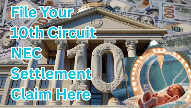 File Your 10th Circuit NEC Settlement Claim Here text on depiction of Tenth Circuit court with NICU preemie and high value cash backdrop.