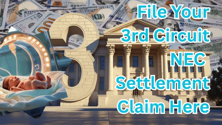 File Your 3rd Circuit NEC Settlement Claim Here text on depiction of Third Circuit court with NICU preemie and high value cash backdrop.