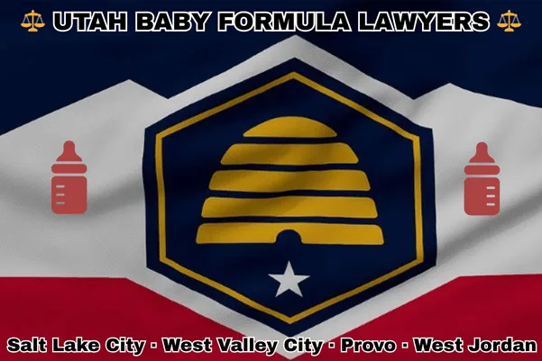 UTAH BABY FORMULA LAWYERS: Salt Lake City, West Valley City, Provo, and West Jordan text on UT state flag with Similac/Enfamil bottles near a gold beehive above a star, on a red, white, and dark blue background.