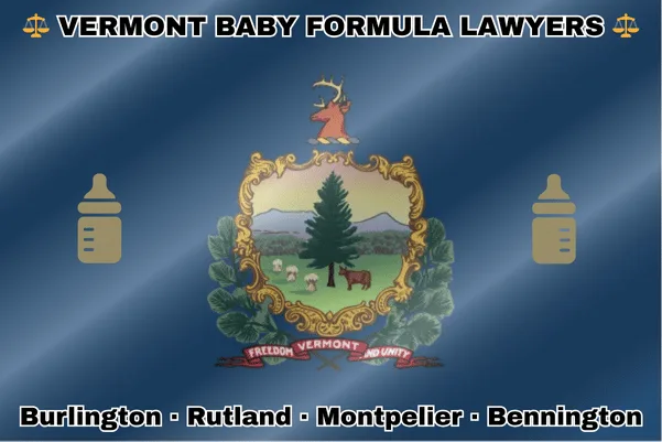 VERMONT BABY FORMULA LAWYERS: Burlington, Rutland, Montpelier, and Bennington text on VT state flag with Similac/Enfamil bottles near a shield featuring a large pine tree, a cow, and sheaves of wheat, flanked by pine branches and topped with a stag’s head.