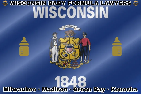 WISCONSIN BABY FORMULA LAWYERS: Milwaukee, Madison, Green Bay, and Kenosha text on WI state flag with Similac/Enfamil bottles near a sailor and miner flanking a shield featuring agriculture, mining, manufacturing, and navigation, a badger above, and a cornucopia and lead ingot.